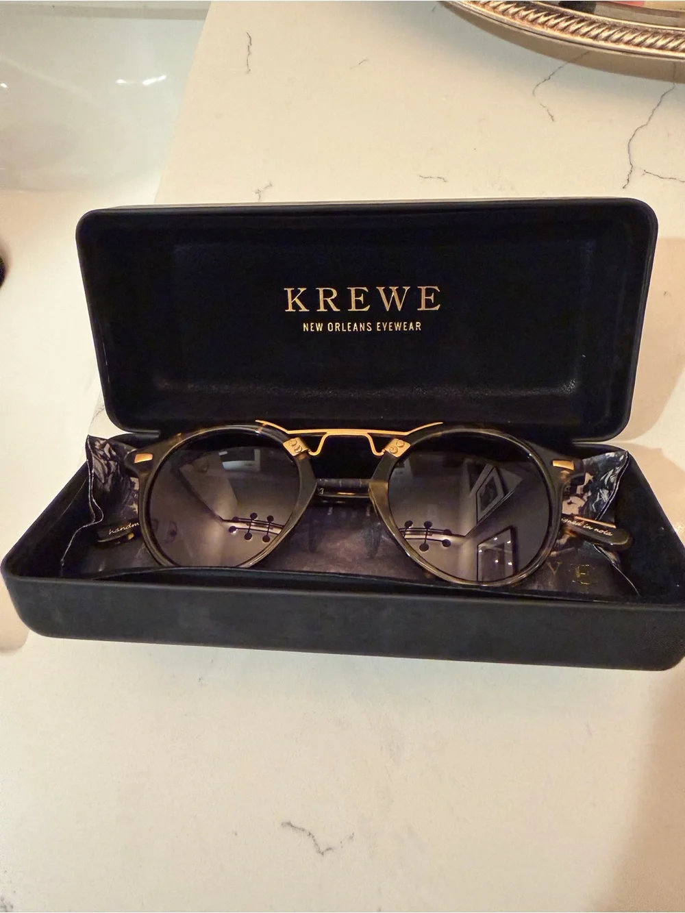 KREWE St. Louis Tortoiseshell Sunglasses with Blue Lenses and Gold Bridge